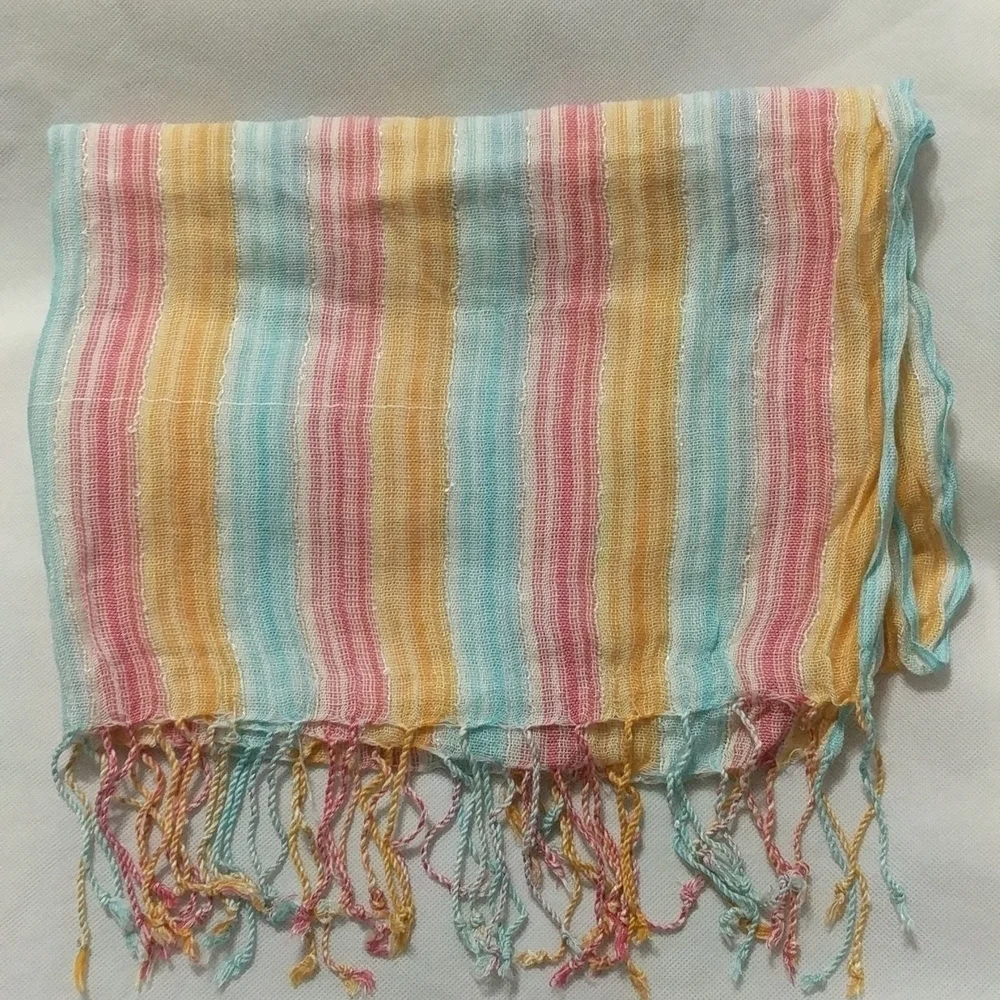 Pink, Yellow, Blue Stripe Woven Scarf with Fringe